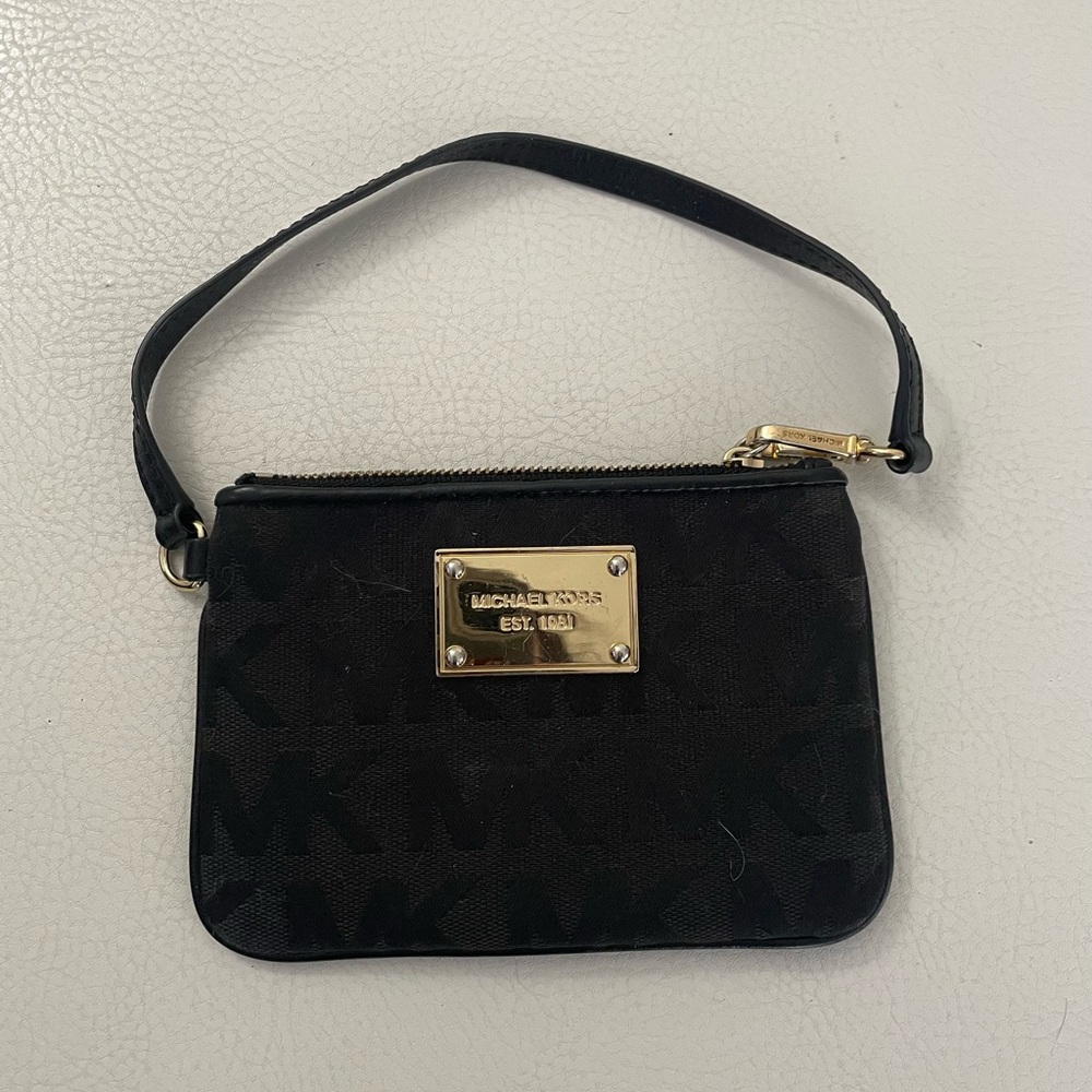 Michael Kors Black Logo Wristlet with Gold Plaque